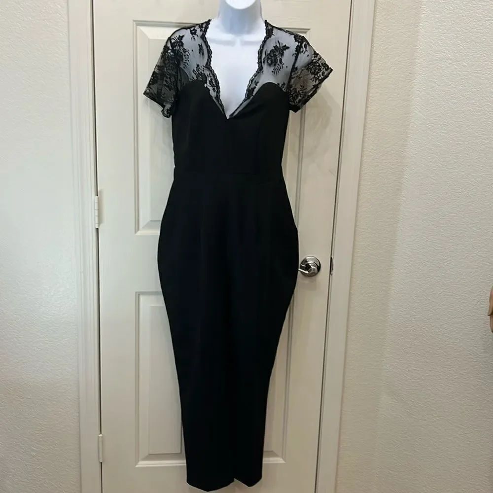 ASOS Jumpsuit Romper Sz 8 Black Floral Sheer Lace V Neck Short Sleeve Pockets